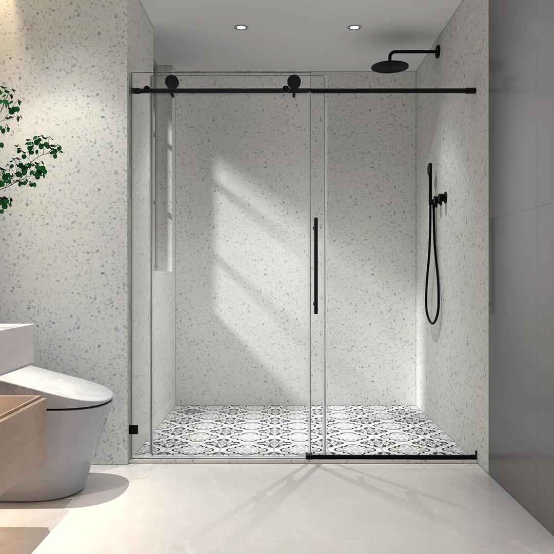 Single Sliding Shower Door,55"-60" W x 76" H Frameless Shower Door with 5/16" (8mm) Thick SGCC Tempered Glass W/Adjustable Soft Closing,Bathroom Glass Door for Spa（Matte Black）