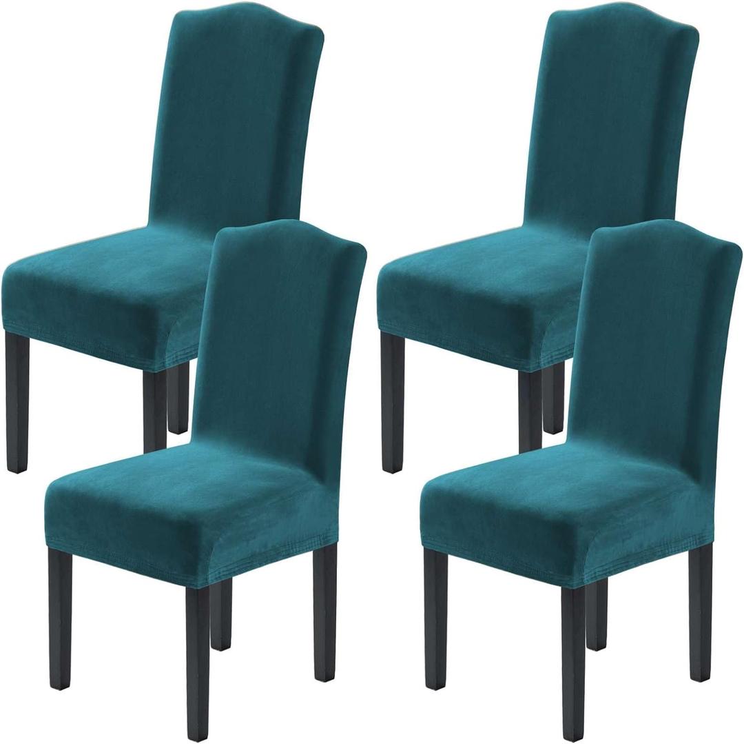 H.VERSAILTEX Velvet Dining Chair Covers Stretch Chair Covers for Dining Room Set of 4 Parson Chair Slipcovers Chair Protectors Covers Dining, Soft Thick Solid Velvet Fabric Washable, Deep Teal