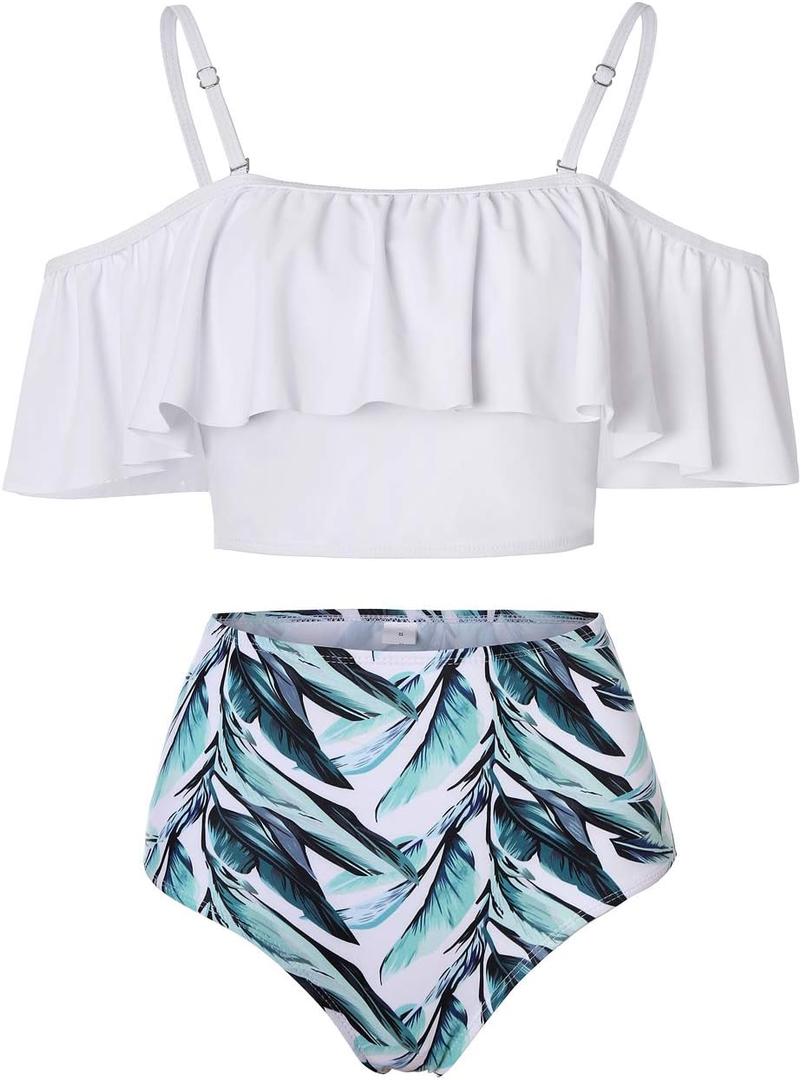 Kaei&Shi High Waisted Flounce Bikini Set,Tummy Control Swimsuits for Women,Off Shoulder (X-Small, White)