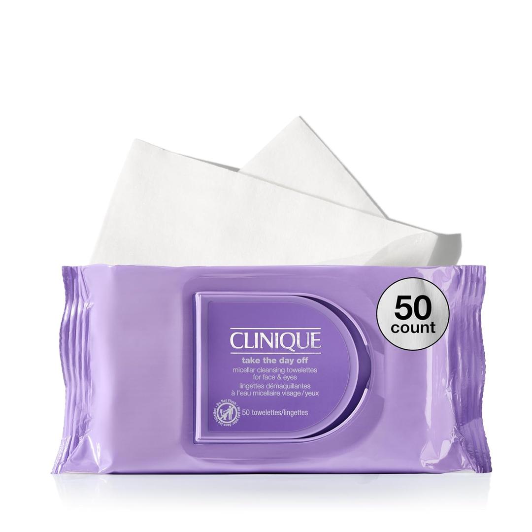 Clinique Take The Day Off Micellar Cleansing Makeup Remover Wipes For Face and Eyes | For All Skin Types | No Water Required | Perfect For Gym or Travel, 50 Count
