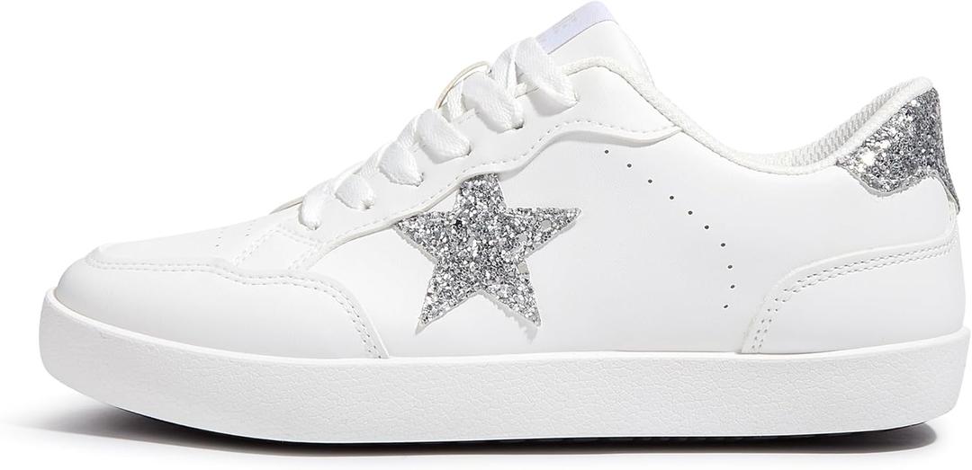 Fashion Star Sneakers for Women Glitter Sequins Lace Up Low Top Walking Shoes Comfortable Cushioned for Party, Casual & Daily Outfits (9, White/Silver)