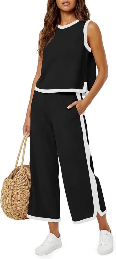 Fisoew Womens 2 Piece Outfits Summer Sleeveless Wide Leg Capris Tracksuits Casual Cotrast Colors Lounge Sets, Size: Small