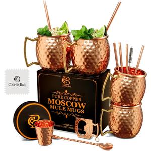 COPPER-BAR Moscow Mule Copper Mugs - Unique HANDCRAFTED Gift Set of 4, Hammered by Artisan, 100% Pure Solid Copper Cups 16oz for Drinking Water & Cocktails, Include 19 Pcs accessories & Special Opener