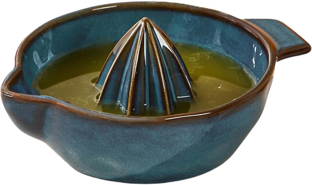 Ceramic Lemon Juicer Reamer Manual Citrus Lime Hand Squeezer Bowl with Handle and Pour Spout, Handheld, Easy to Use and Clean (Blue)