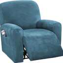 H.VERSAILTEX Velvet Stretch Recliner Couch Covers 4-Pieces Style Recliner Chair Covers Recliner Cover for Reclining Chair Slipcovers Feature Non Slip Form Fitted Thick Soft Washable, Peacock Blue