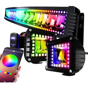 42" Curved RGB LED Light Bar 2X 4 Flood LED Pods with Chasing RGB Halo 16 Solid Colors Offroad Driving Fog Lights with Switch Wiring Harness