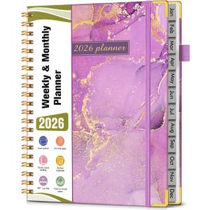 2026 Planner, Hardcover Weekly and Monthly Planner, January 2026 - December 2026, Spiral Yearly Agenda Organizer Book 2026 with Tabs, Daily Calendar Planners for School Work Home, A4 (8.5" x 11"), Purple Marble