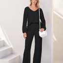 MEROKEETY Women's 2 Piece Outfits Long Sleeve V Neck Knit Pullover Tops and Wide Leg Pant Lounge Set (Black, S)
