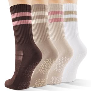 2 x CS CELERSPORT Pilates Socks for Women, 4 Pairs Yoga Crew Non Slip Grip Socks for Barre Hospital Gym, Brown, Small, (Mix Colors, S, M)