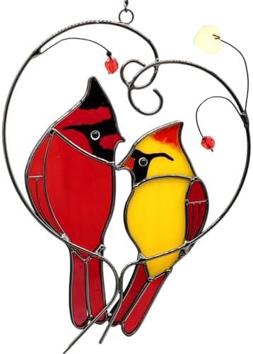 Cardinal Red Bird Handmade Stained Glass Suncatcher Genuine Stained Glass Window Hangings Unique Indoor Ornament & Outdoor Decor (Love)