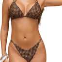 Women's Triangle String Bikini Sets Two Piece Halter Swimsuits Tie Lace Trim Cheeky Bathing Suits Swimwear, Small