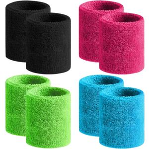 BEACE Sweatbands Sports Wristband for Men & Women -8pcs Moisture Wicking Athletic Cotton Terry Cloth Sweatband for Tennis, Basketball, Running, Gym, Working Out (Black/RoseRed/Green/LT-Blue)