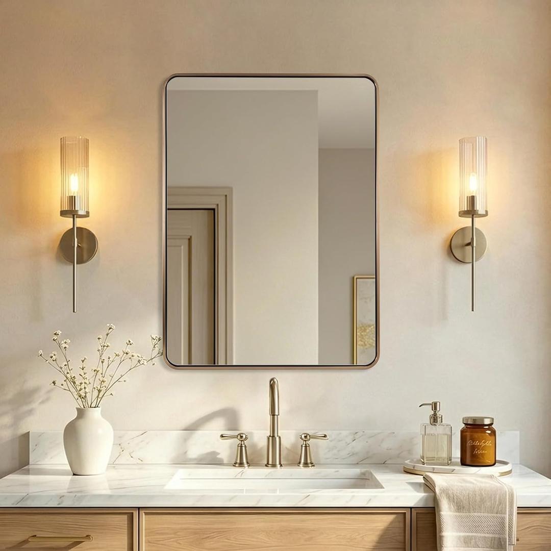 ANDY STAR Brushed Champagne Bronze Bathroom Vanity Mirror, 22x30’’ Rounded Rectangle Wall Mirror for Bathroom Sink, 1’’ Rustproof Tube Metal Frame, Wall Mounted Vertical/Horizontal for Home Remodel