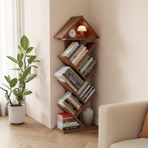 6 Tier Tree Book Shelf, Floor Standing Bookshelf for Small Space, Tall Narrow Bookcase for Storing Book/CD/Ornament, Small Bookshelf for Bedroom, Home Office, Living Room, Corner(Walnut)