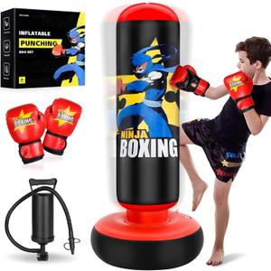 Punching Bag for Kids, Kids Boxing Set with Boxing Gloves 66" Large Inflatable Punching Bag,Gifts for Boys & Girls Age 5-12 for Practicing Karate, Taekwondo (Black)