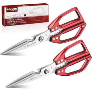 Huusk Kitchen Scissors Set Red - Japanese Kitchen Shears, Heavy Duty Poultry Shears, Sharp Meat Scissors for Food, Chicken Bones, and Turkey, Christmas Gifts for Women, Men