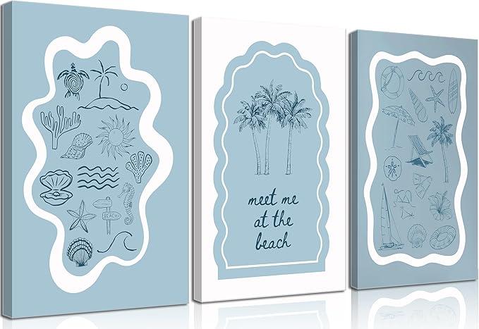 3 pcs Blue Trendy Coastal Beach Canvas Wall Art Bikini Seashell MEET ME AT THE BEACH Wall Decor Pictures Coastal Granddaughter Preppy Aesthetic Poster Print for Bedroom Dorm Apartment Home Decoration, 12x16