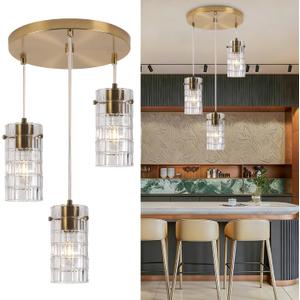 Modern Glass Pendant Light, Copper Finish 3-Light Chandelier for Kitchen Island/Dining, Height Adjustable, E26 Sockets, Bulbs Not Included