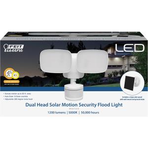 Feit Electric Outdoor Dual Head Solar LED Security Light, Motion Sensor, Dusk to Dawn Photocell Sensor, 5000K Daylight, Weather & Rust Resistant, 1200 Lumen, 50,000-Hour Lifetime, S9.5/1200/850/SOL/WH