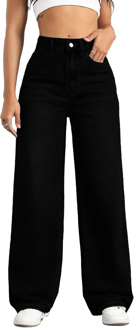 Straight Leg Jeans for Women High Waisted Wide Leg Denim Pants (Black, L)