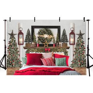 MEHOFOND 10x7ft Red Christmas Headboard Bed Backdrop Kids Portrait Photography Winter Holiday Family Picture Photoshoot Merry Xmas Tree Photo Background Party Decor Banner