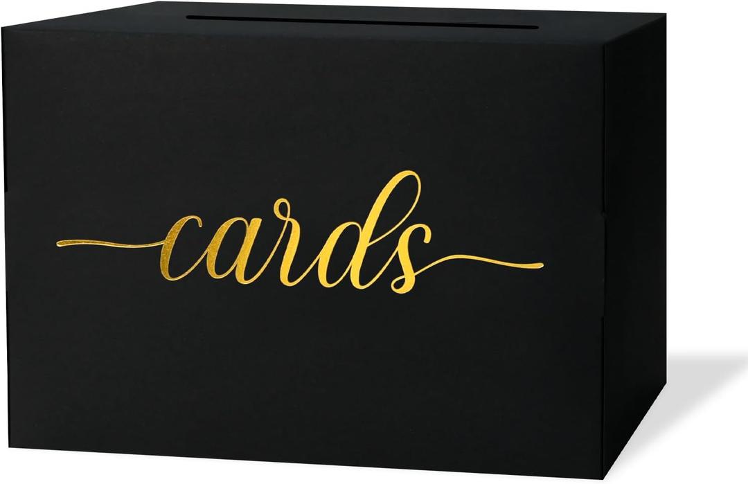 Mulbozy Black Card Box for Party, Gift Cards Box Holder with Gold Foil Design for Wedding Receptions, Bridal & Baby Showers, Graduations, Voting, Donate Money, Retirements, Anniversaries