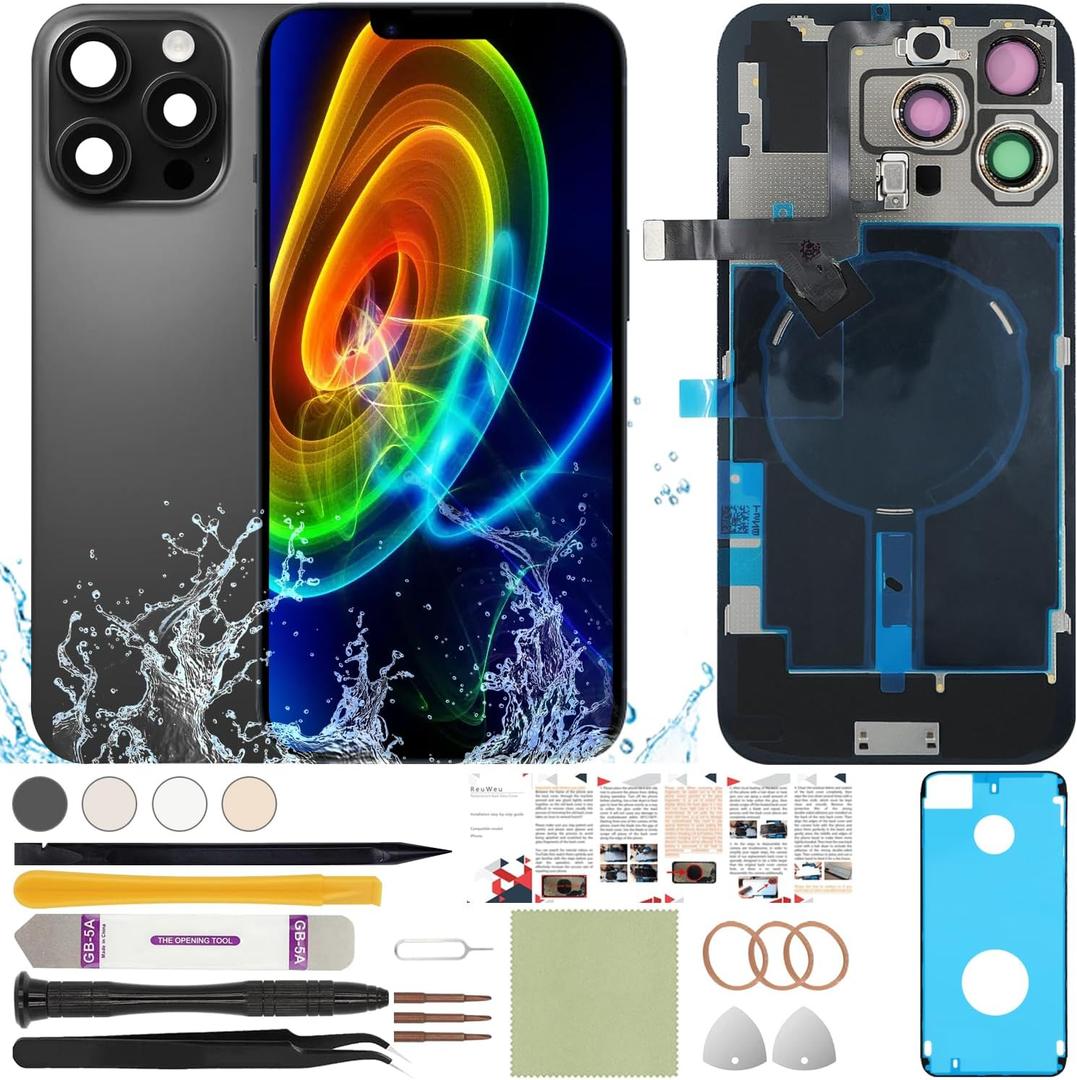 Rear Back Screen Cover Replacement Compatible with iPhone 16 Pro All Carriers 6.3" + Pre-Installed Plate + Wireless Charging Coil Flex Cable + Microphone + Flashlight + Camera Frame (Black)