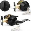 Probrico Front Door Handle and Deadbolt Set, Black Exterior Door Handle with Deadbolt Lock, Wave Reversible Door Lever Lock Set, 1Pack