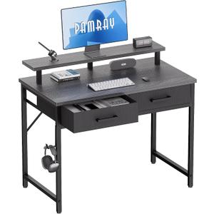 Pamray 32 Inch Small Computer Desk with Monitor Stand and 2 Drawers