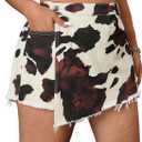 WDIRARA Women's Plus Size Cow Print Denim Skorts High Waisted Raw Hem Wrap Skirts Shorts L