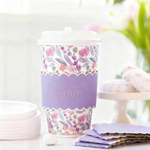 50 Pcs Spring Disposable Coffee Cups with Lids and Gold Foil Sleeves Purple Flower Paper Cups for Holiday Baby Shower Birthday Party Supplies, 16 Oz