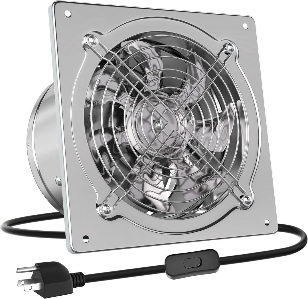 HG Power 10 Inch Metal Exhaust Fan with Switch, 988 CFM Powerful Garage Exhaust Fan with Damper, Potable Wall Mount Fan Fume Extractor Ventilation Fan for Shop, Shed, Basement, Chicken Coop, Silver
