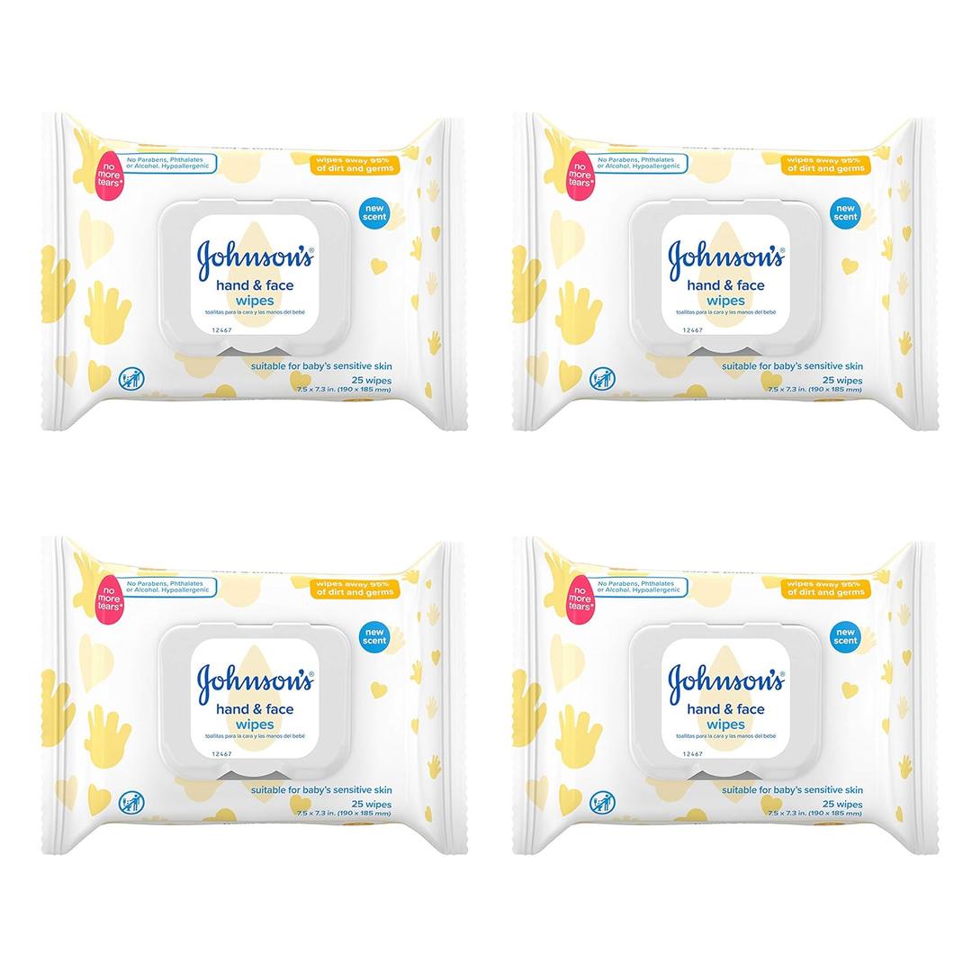 Johnson's Baby Hand & Face Baby Sanitizing Cleansing Wipes for Travel and On-The-Go, No More Tears Formula, Paraben and Alcohol Free, 25 ct, Case of 4 (White)