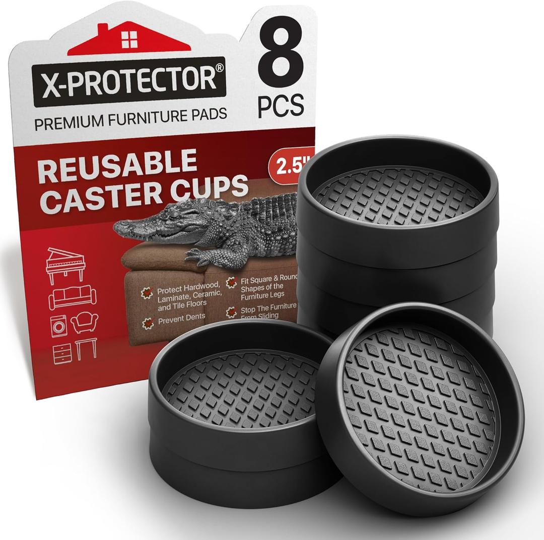Furniture Cups X-PROTECTOR  2.5" Caster Cups 8 PCS  Round Furniture Coasters  Ideal Bed Stoppers  Non Skid Furniture Pads with a Perfect Design  Rubber Furniture Pads - Protect Any Flooring!