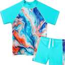 Girls Two Piece Swimsuit Floral UPF 50+ Rash Guard Set Kids Beach Swimwear (8-9 Years, Cyanagate)
