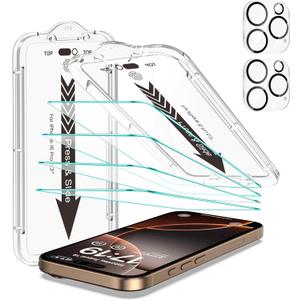 EZ-GLAZ- 4 Pack for iPhone 16 Pro Screen Protector [6.3"] With 2 Pack Camera Lens Protector, 9H+ Hardness 12FT Military Grade Shatterproof Scratch Resistant Durable Tempered Glass Film with Flawless Fit Kit, HD Clear