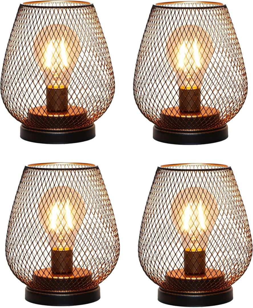 TRIROCKS Set of 4 Battery Operated Lamp LED Table Lantern, Metal Cage Cordless Lamps with LED BulbVintage Decorative Outdoor Lantern for Weddings, Parties, Patio, Events for Indoors Shelf Decor