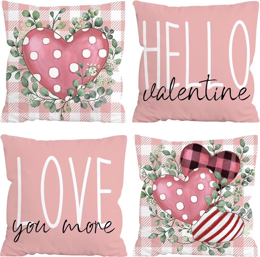Valentines Day Throw Pillow Covers, Hello Valentine Love You More Eucalyptus Leaves 16 x 16 Inch Buffalo Plaid Polka Dot Stripes Love Hearts Cushion Case Decoration for Sofa Couch Set of 4 Pink