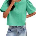 Tankaneo Womens Cropped Tops Puff Sleeve Button Down Shirts Trendy Casual Loose Fit Cute Blouse (Medium, Green)