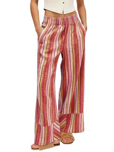 Cicy Bell Womens Wide Leg Lounge Pants Elastic High Waisted Striped Palazzo Pants Flowy Casual Beach Travel Trousers Red XXL Brick Red