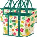 BALEINE 3Pk Reusable Grocery Bags, Foldable Shopping Bags for Groceries with Reinforced Bottom & Handles (Hawaiian Brunch)