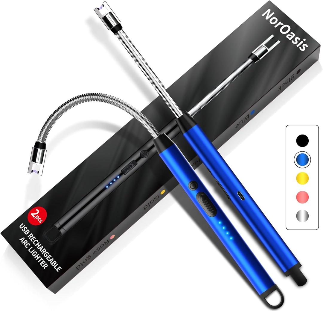 2-Pack Rechargeable Electric Candle Lighters, Flameless Windproof Long Lighter with 360 Flexible Neck and LED Display for Candles, Camping, BBQ & Fireplace (Blue)