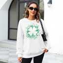 Women St. Patricks Sweatshirts Shamrock Shirts Lucky Clover Graphic Tees Irish Gift Pullover Long Sleeve Tops (White, L)
