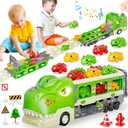 Dinosaur Truck Toys for 2 3 4 5 6 7 Year Boy Toddler, Foldable Track & 2 Player Race Mode, Light & Sound Transport Carrier W/ 6 Dino Car & 12 Accessories, Birthday Gift Idea for Kids Girls (Green)