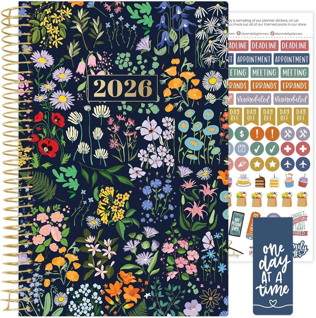 bloom daily planners 2026 Planner (January - December) Calendar Year Organizer - 5.5 x 8.25 - Weekly & Monthly Agenda Book with Stickers & Bookmark - Garden Party, Navy