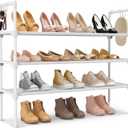 LANTEFUL 3 Tier Shoe Rack for Closet, Shoe Organizer with 5 Hooks, Long Shoe Shelf Storage for Shoe and Boot Stackable Free Standing Shoe Rack for Entryway, Garage, Small Spaces, Dorm, White
