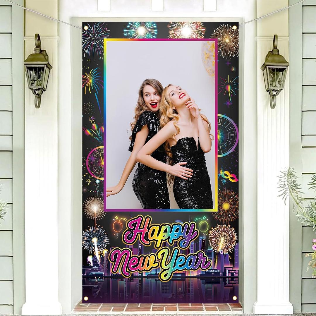 Happy New Year Party Decorations 2026 New Years Photo Booth Props New Years Picture Booth Frame Backdrop with Colorful Fireworks for New Years Eve Party Supplies 2026