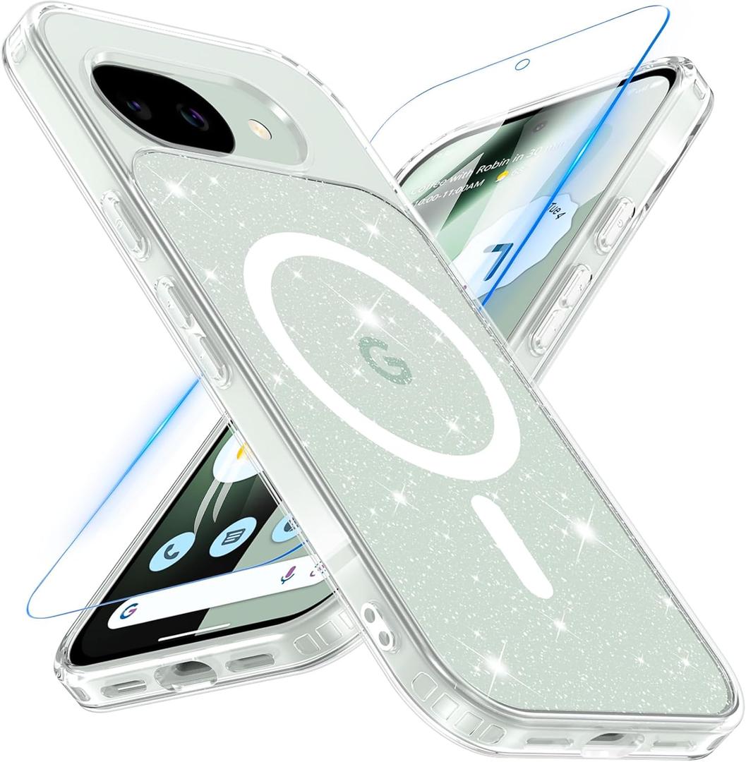 OWKEY for Google Pixel 10A Case, Magnetic Phone Case for MagSafe with Screen Protector, Clear Glitter Bling Sparkly Cover for Google Pixel 10A, Sparkle Clear