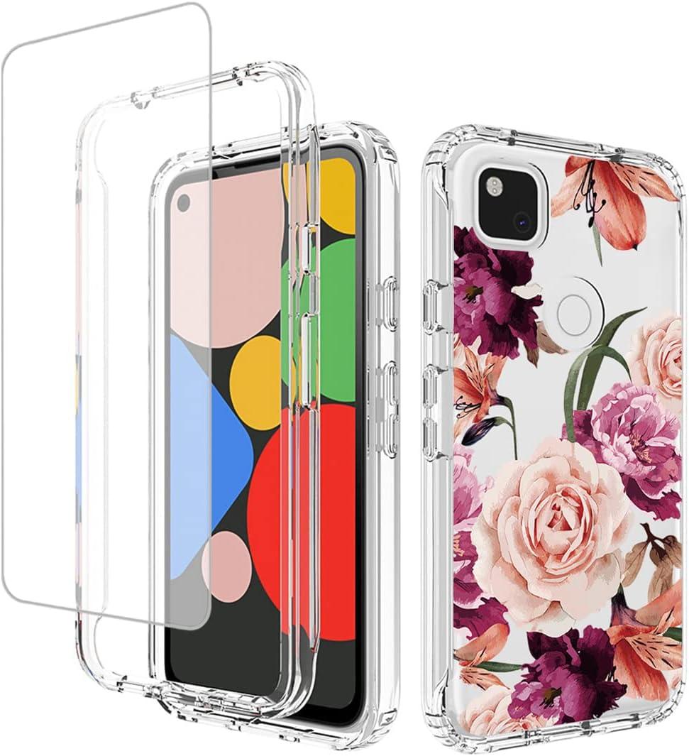 Case for Google Pixel 4A (Not Fit 4A 5G) G025J with Tempered Glass Screen Protector, Floral Design Shockproof Bumper Full Body Protective Cell Phone Cover for Google Pixel 4A (Purple Flower)