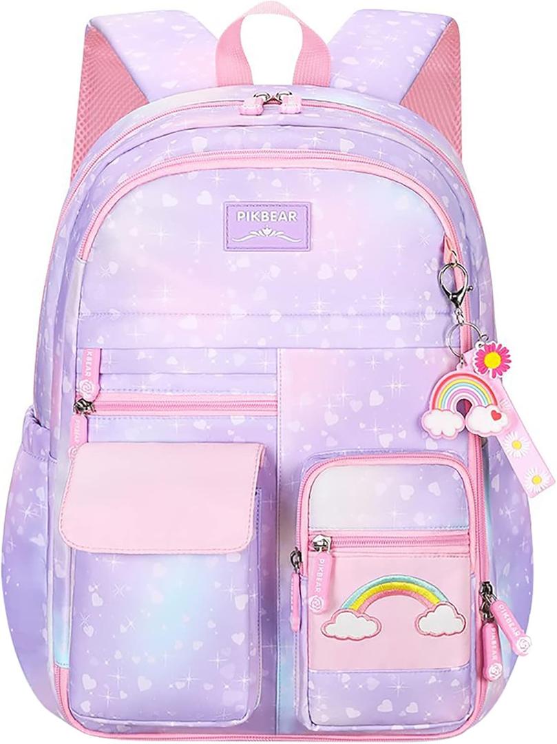 MCWTH School Backpack for Girls, Lightweight Waterproof Cute Rainbow School Bookbag for Teen Kids Students Elementary (Rainbow Purple) Large